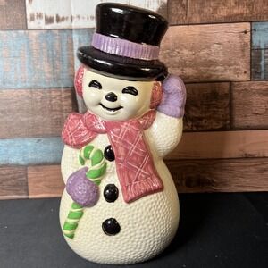 Vintage Ceramic Frosty Snowman 12" Top Hat‎ Candy Cane Scarf Hand Painted - 1983